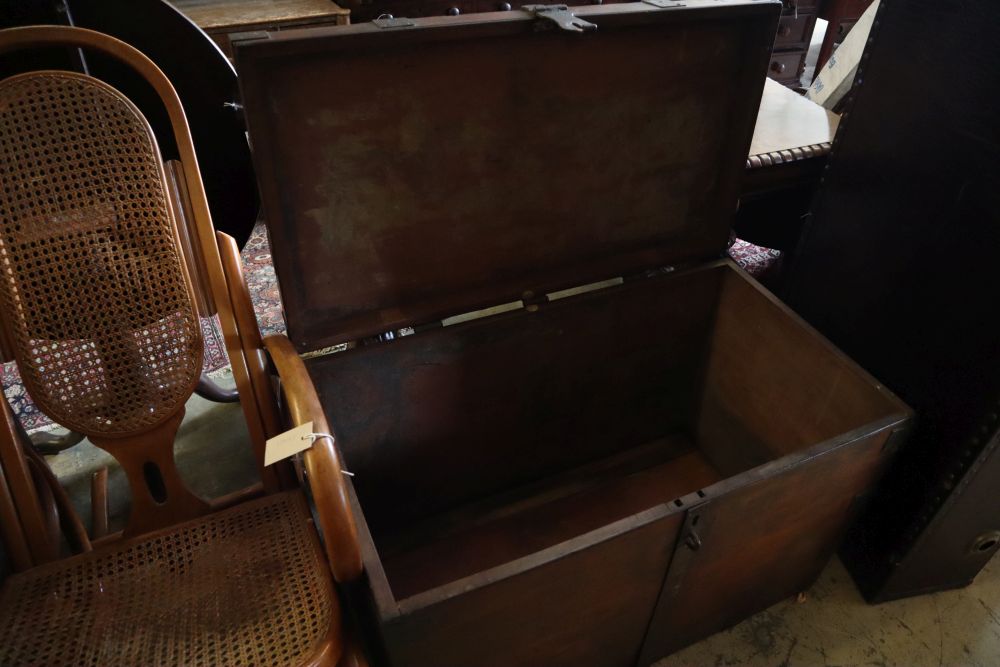 A Victorian iron bound mahogany silver chest, width 92cm depth 51cm height 61cm